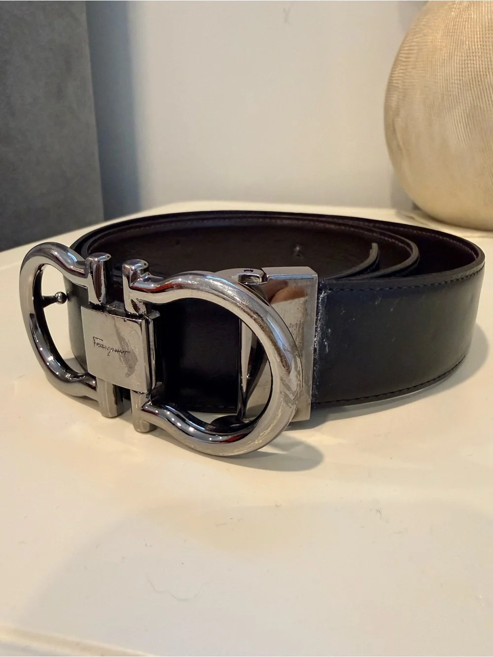 Salvatore Ferragamo Gancini Black Leather Belt with Silver Double Gancini Buckle